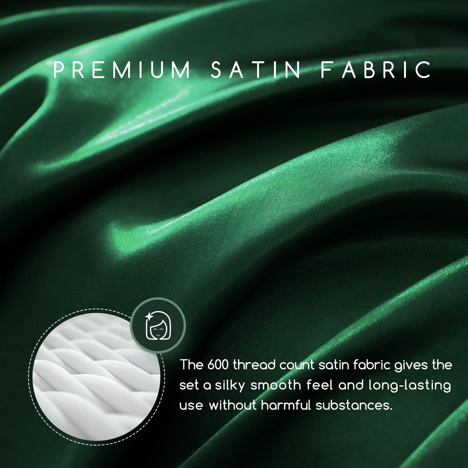MR&HM close-up of dark green satin weave, shows smooth texture and sheen benefit