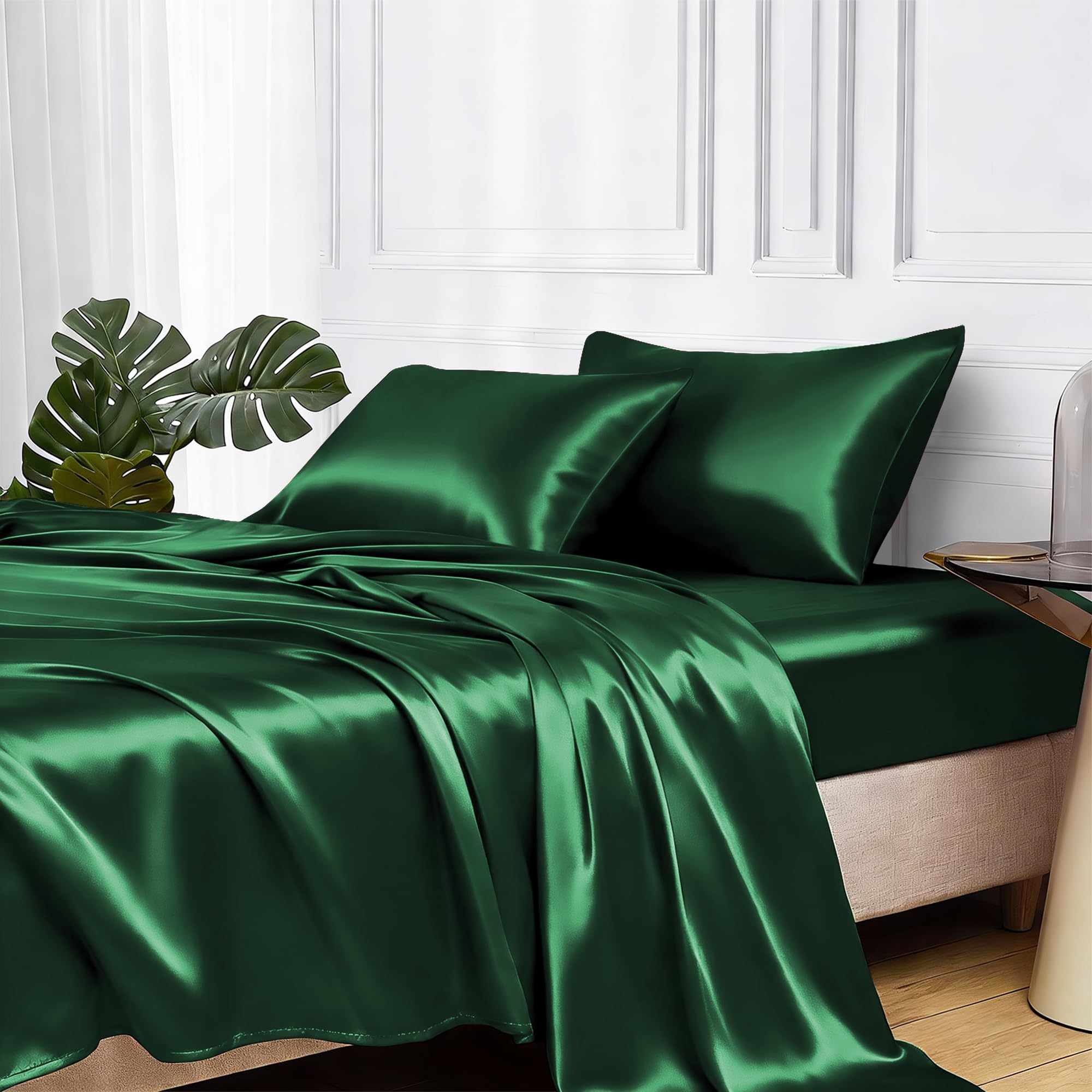 MR&HM satin sheets front packaging showing queen set and color, highlights value