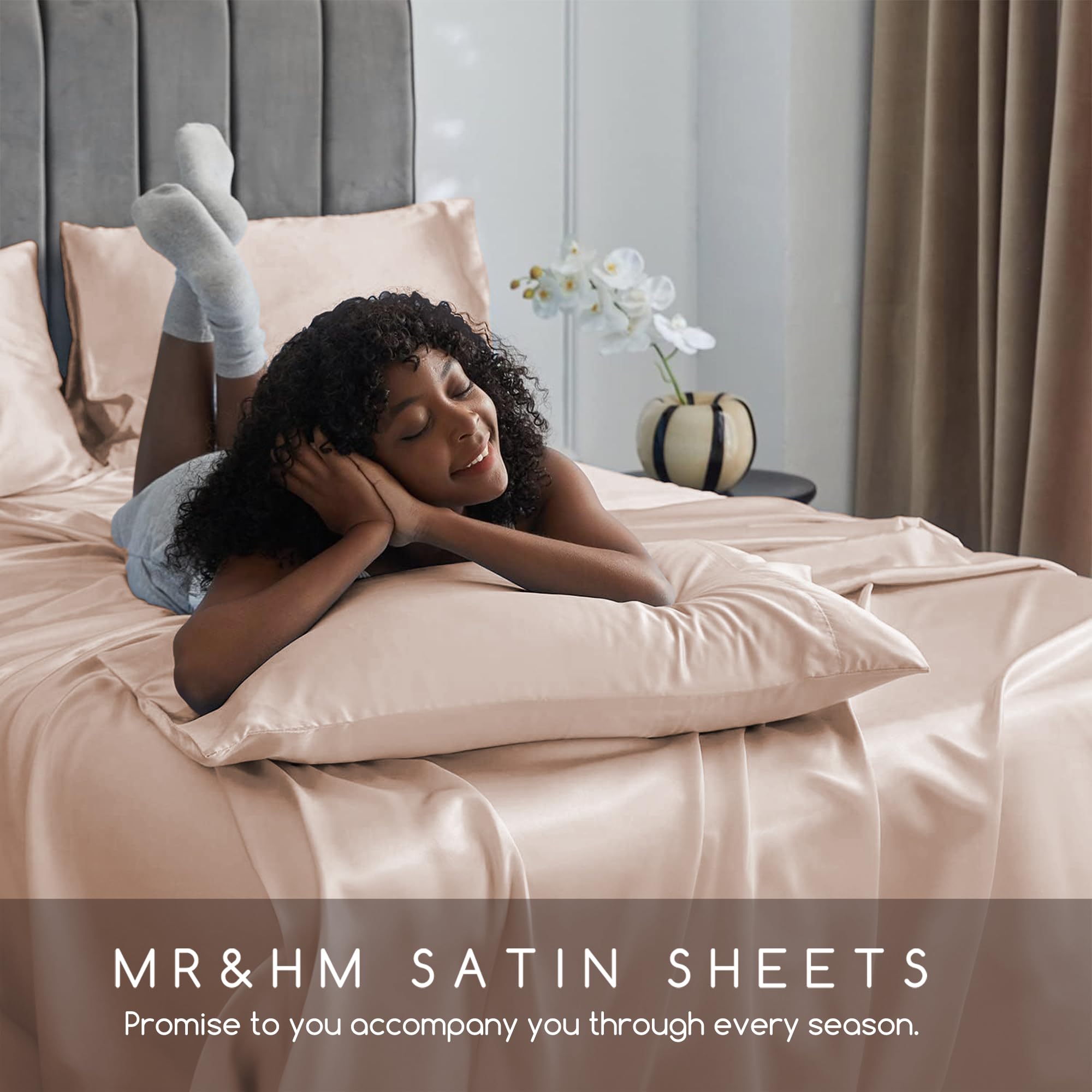 MR&HM styled bedroom with Champagne sheets illustrating elegant, calming decor