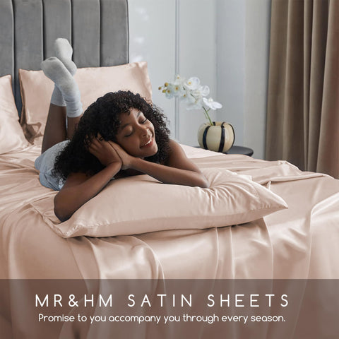 MR&HM styled bedroom with Champagne sheets illustrating elegant, calming decor