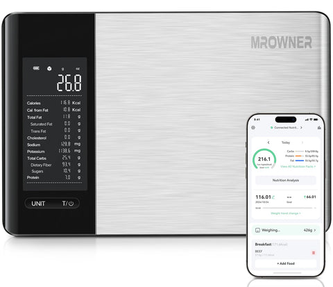 MrOwner front view showing compact stainless-steel scale and clear benefits
