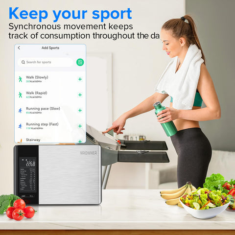 MrOwner paired with HealthyBites app on phone for instant nutritional calculations