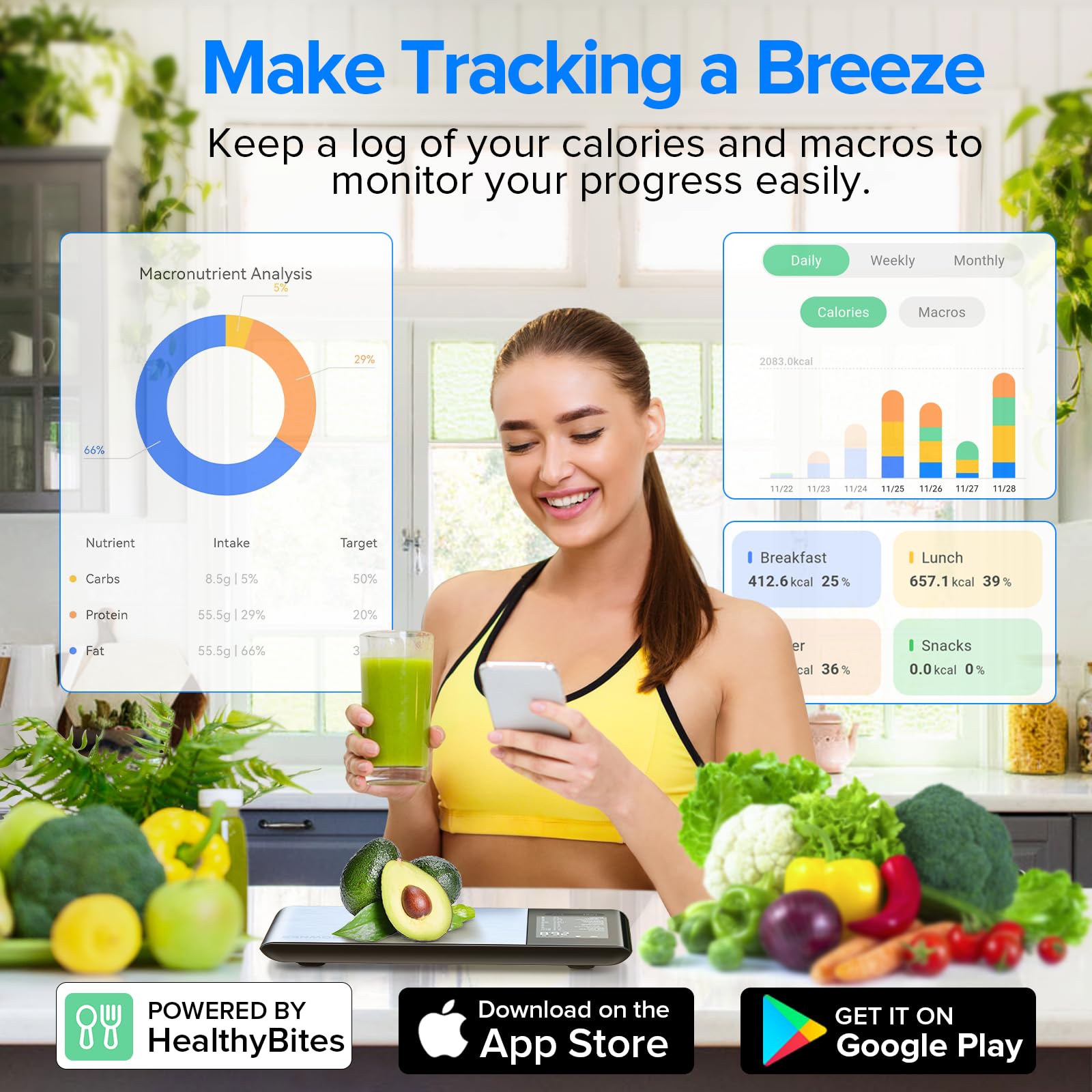 MrOwner scale weighing ingredients in bowl while app logs nutrition benefits