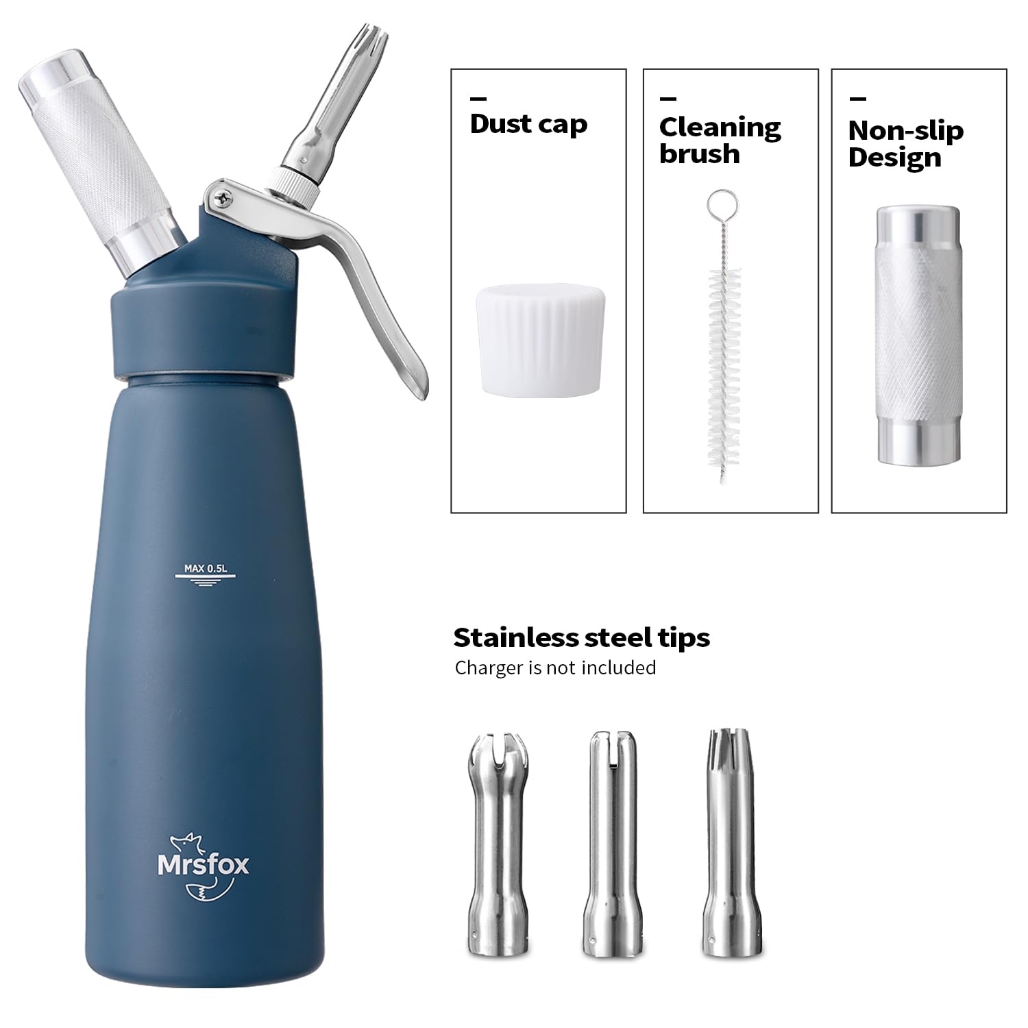Mrsfox three stainless steel nozzle tips staged to show precision piping and decorative control