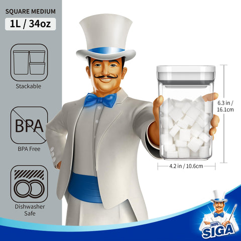 MR.SIGA container filled with sugar demonstrating visible contents and easy access