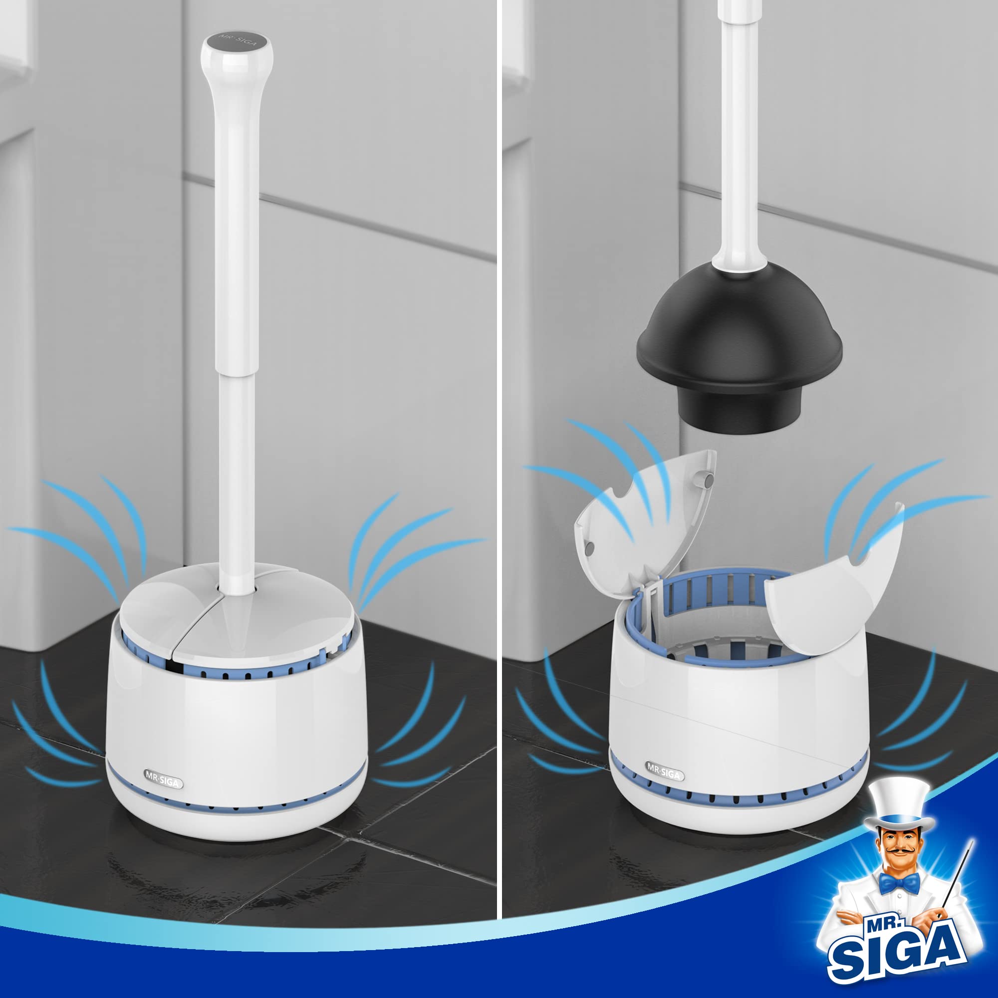 MR.SIGA plunger next to tile for scale, compact space-saving design