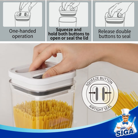 MR.SIGA containers stacked on pantry shelf saving space and improving organization