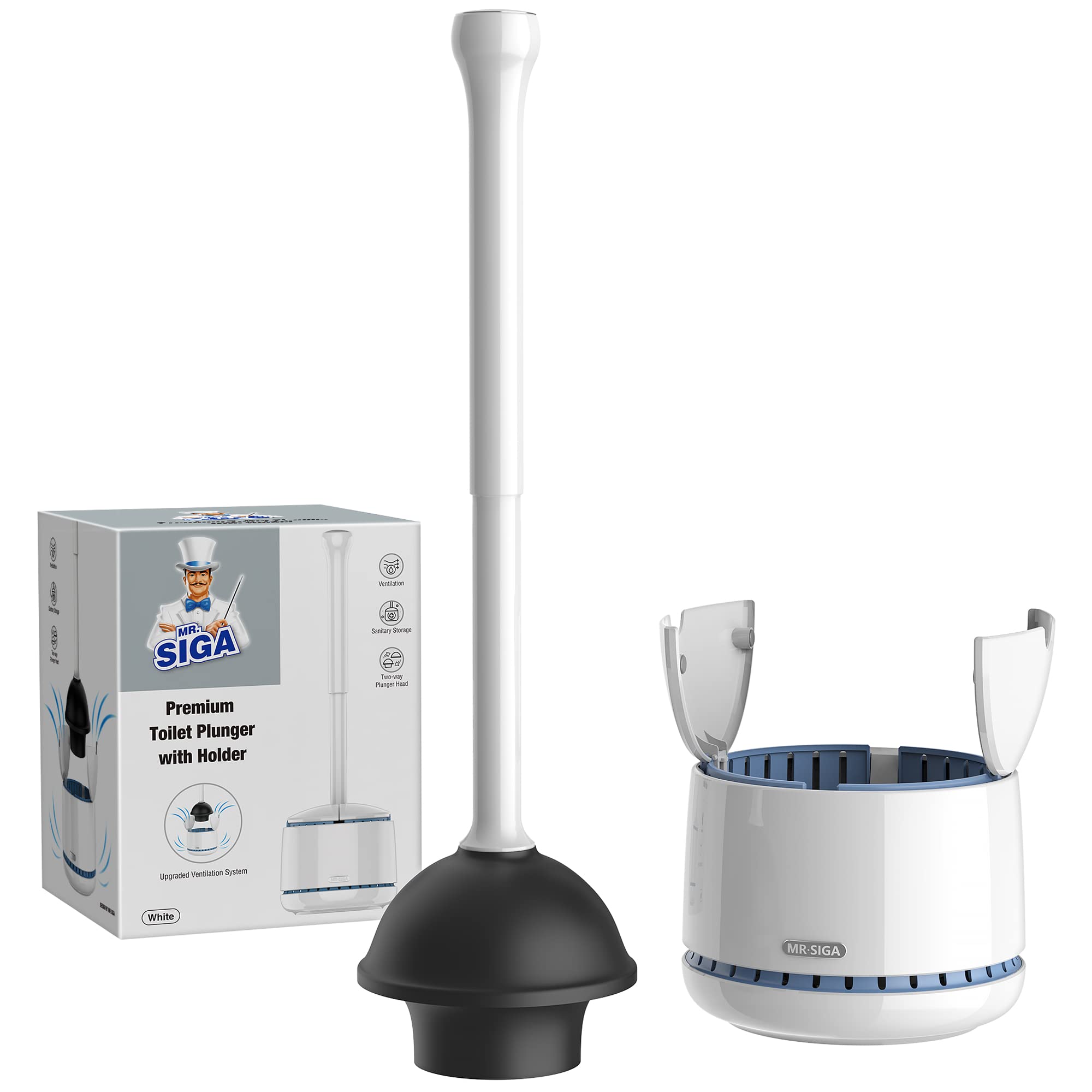 MR.SIGA front view showing plunger and holder, keeps bathroom tidy