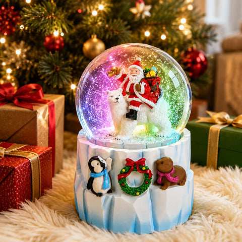 Mr.Winder close-up of hand-painted Santa and polar bear figures, detailed craftsmanship benefit