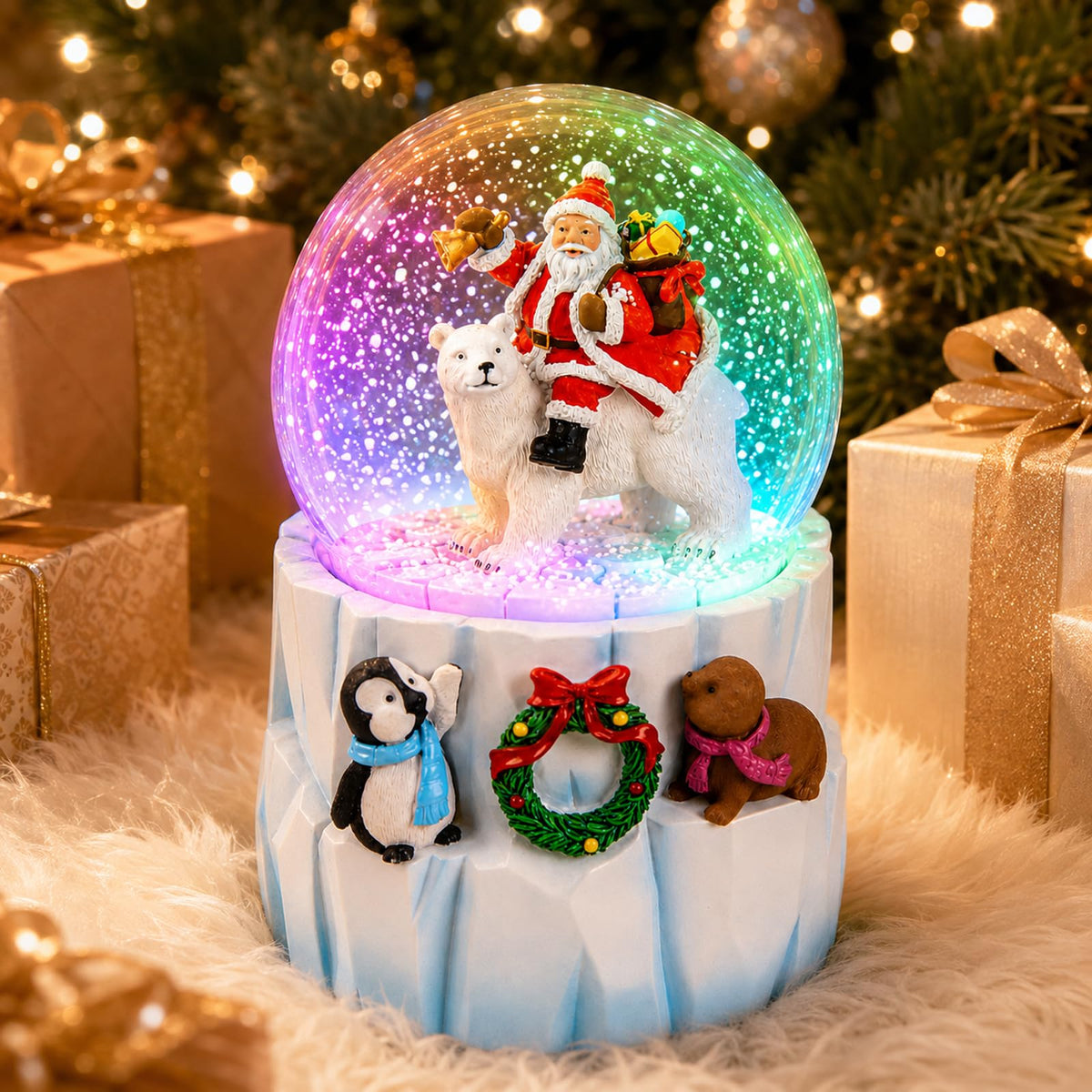 Mr.Winder front view of snow globe showing Santa and polar bear, festive focal point