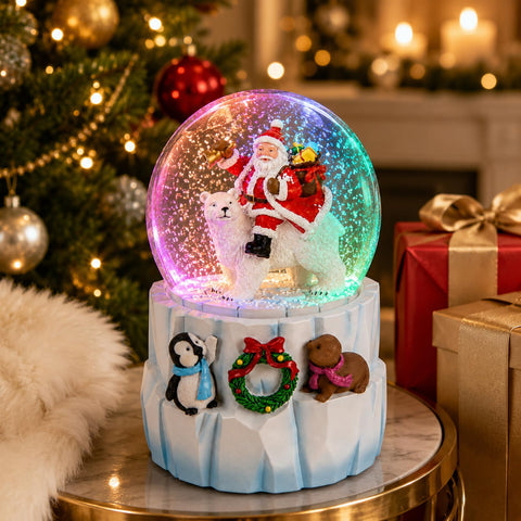 Mr.Winder globe showing automatic swirling snow in motion, creates enchanting ambiance