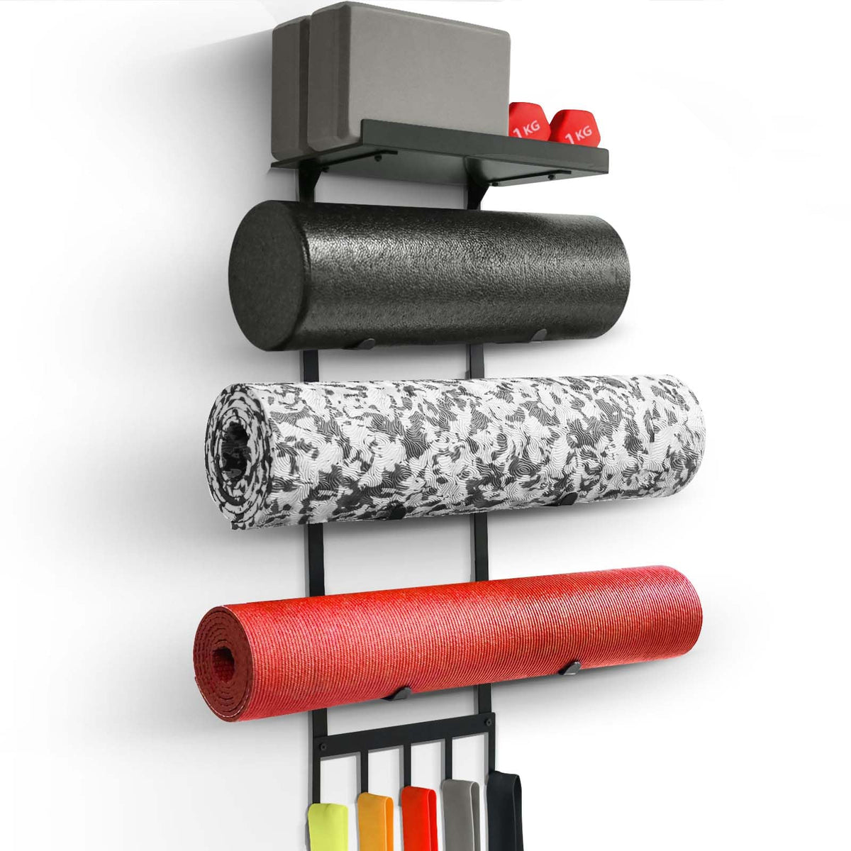 MRZZATA front view of wall-mounted yoga rack showing compact organization benefit