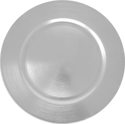 Ms Lovely silver charger plate front view showing glossy finish and elegant edge for polished tablescapes