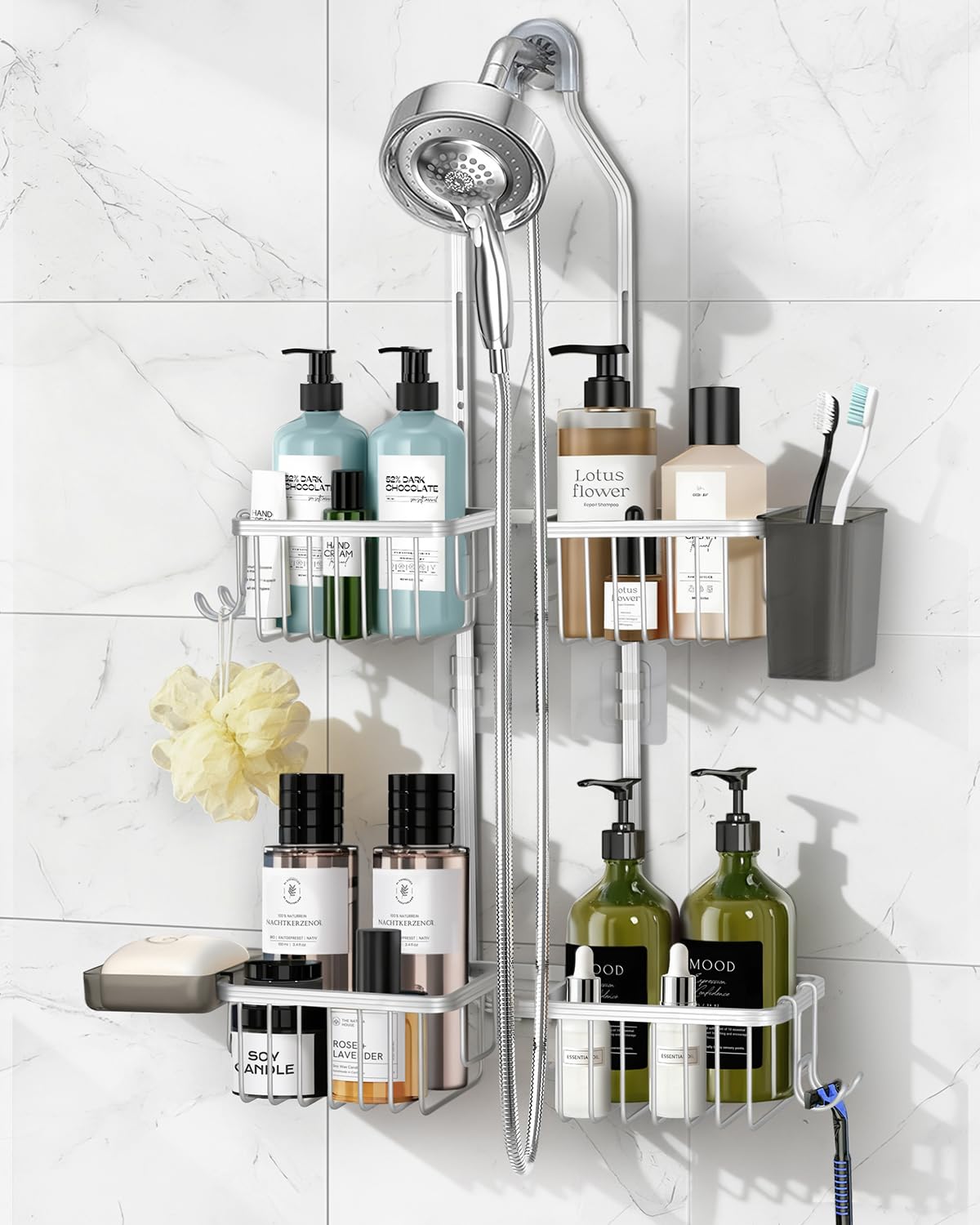 MSAICOE front view showing over-shower hook and full organizer benefits
