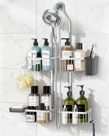 MSAICOE front view showing over-shower hook and full organizer benefits