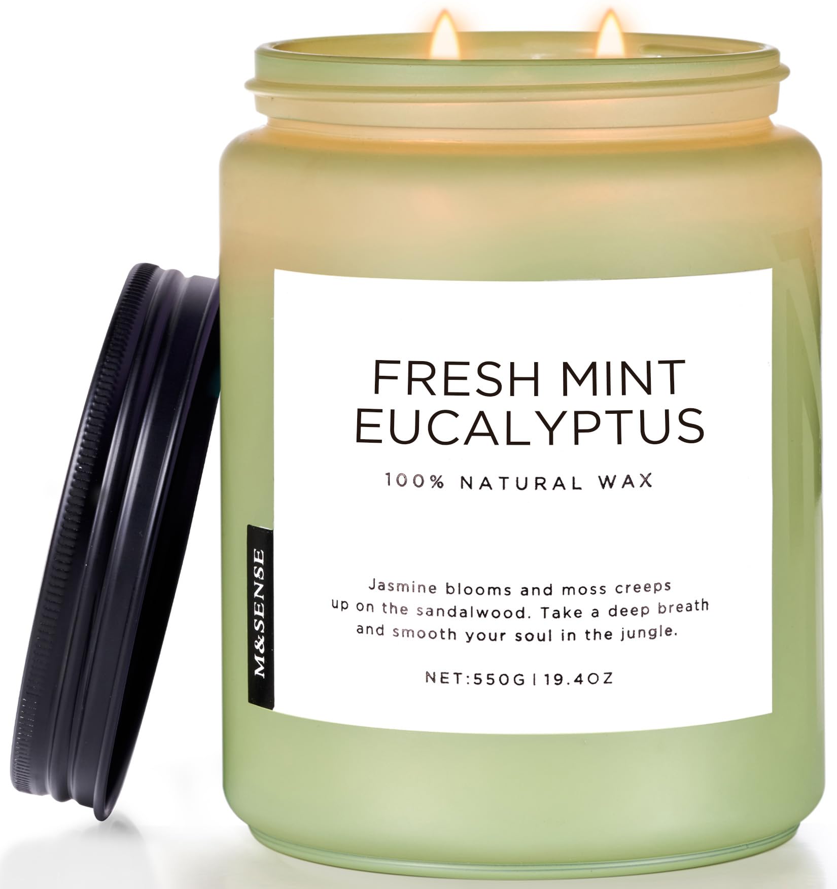 M&SENSE front jar view showing eucalyptus mint scent and elegant design benefit