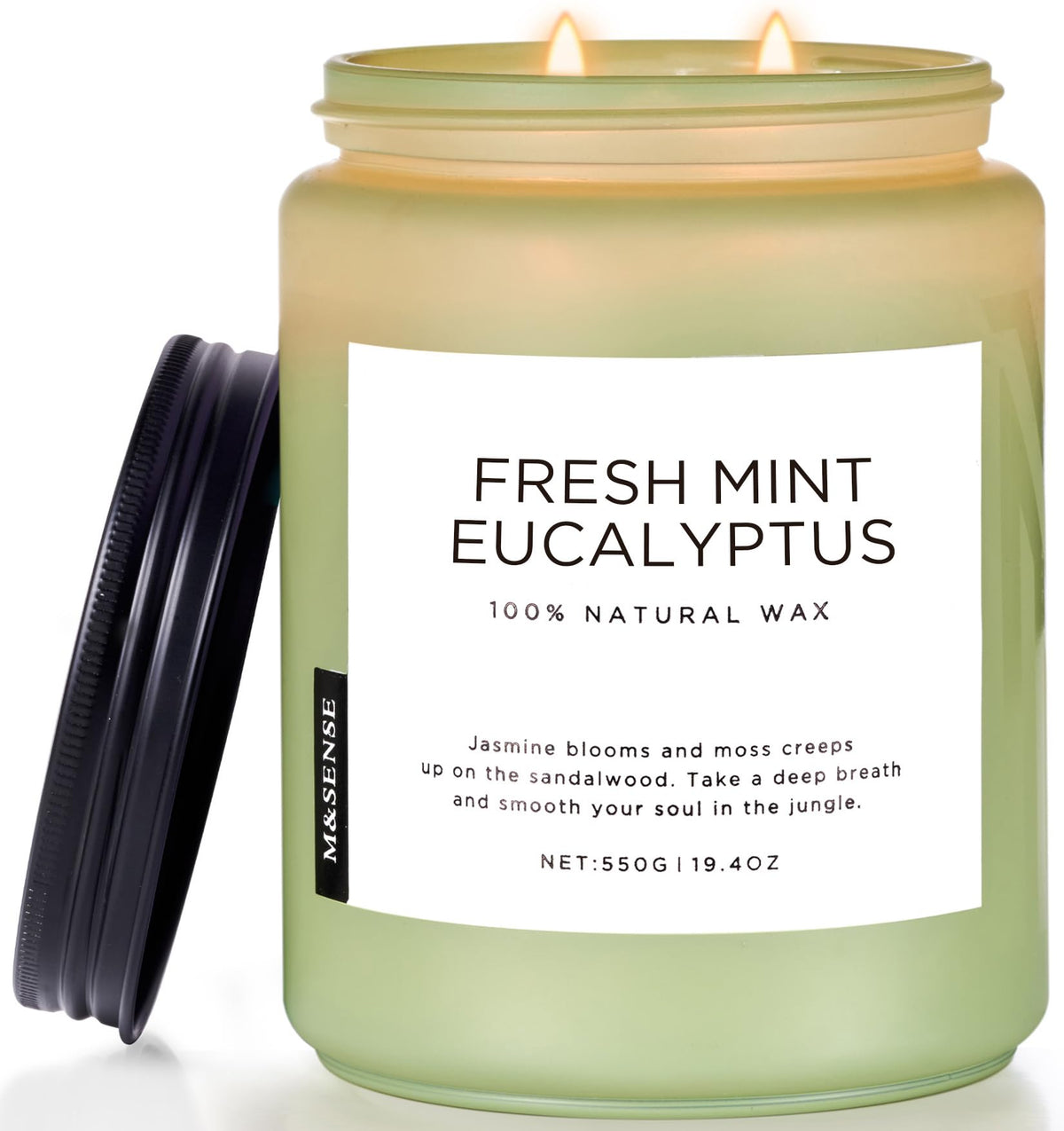 M&SENSE front jar view showing eucalyptus mint scent and elegant design benefit