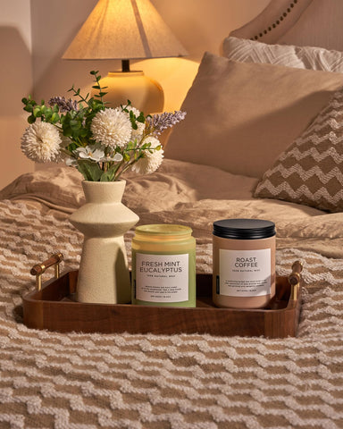 M&SENSE candle on bathroom shelf creating refreshing spa-like ambiance at home