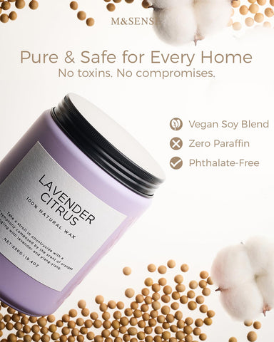 M&SENSE candle lit in living room setting providing calm, consistent scent