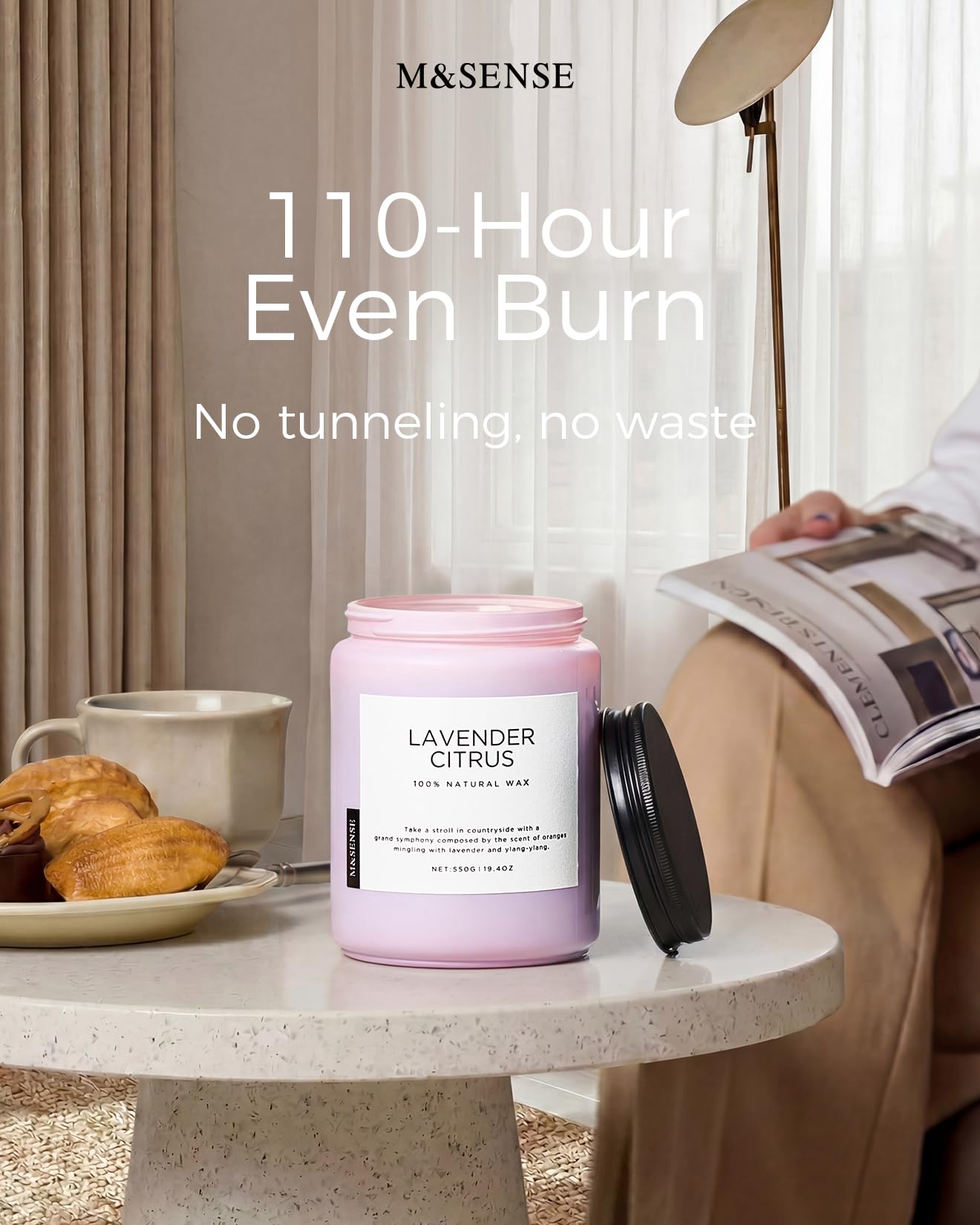 M&SENSE candle beside a standard object showing 19.4oz scale for longevity