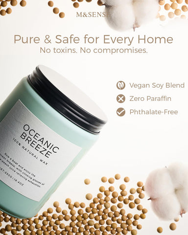 M&SENSE candle in living room creating calming oceanic ambiance