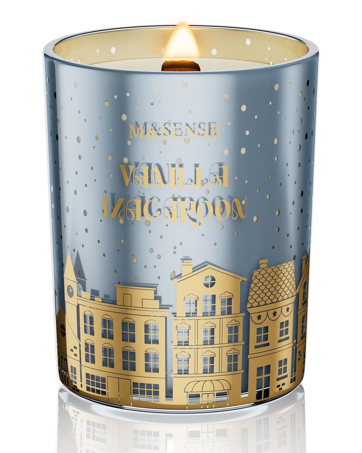 M&SENSE front view of candle showing jar and label, elegant holiday decor benefit