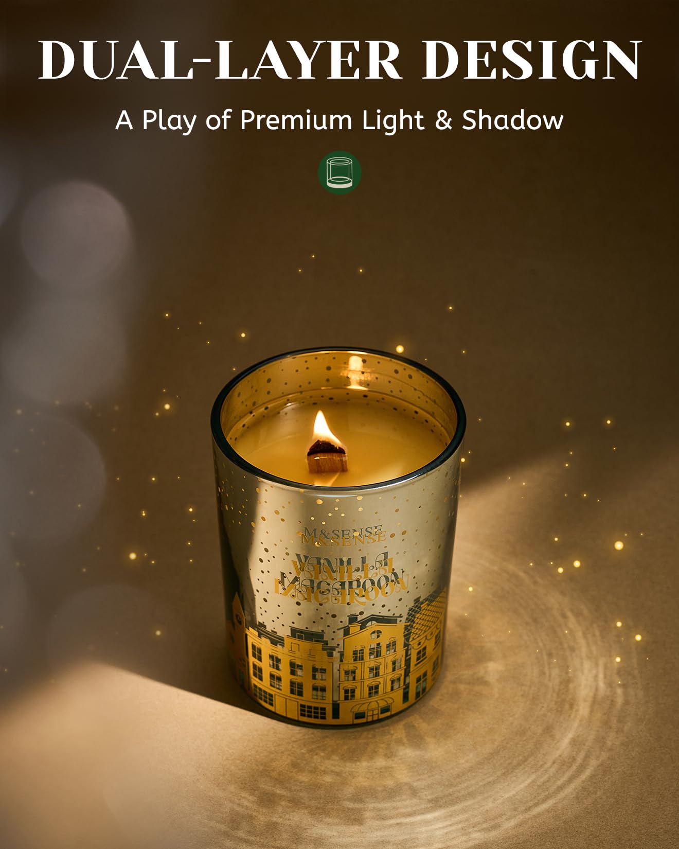 M&SENSE candle lit on a mantel creating warm holiday atmosphere benefit