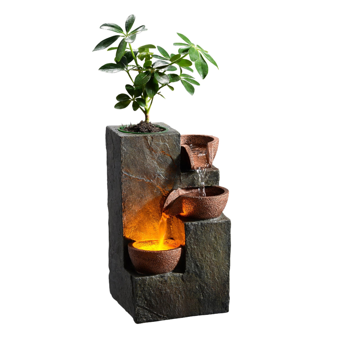 MSEONWXI front view of tabletop fountain showing compact rock tiers and gentle flow
