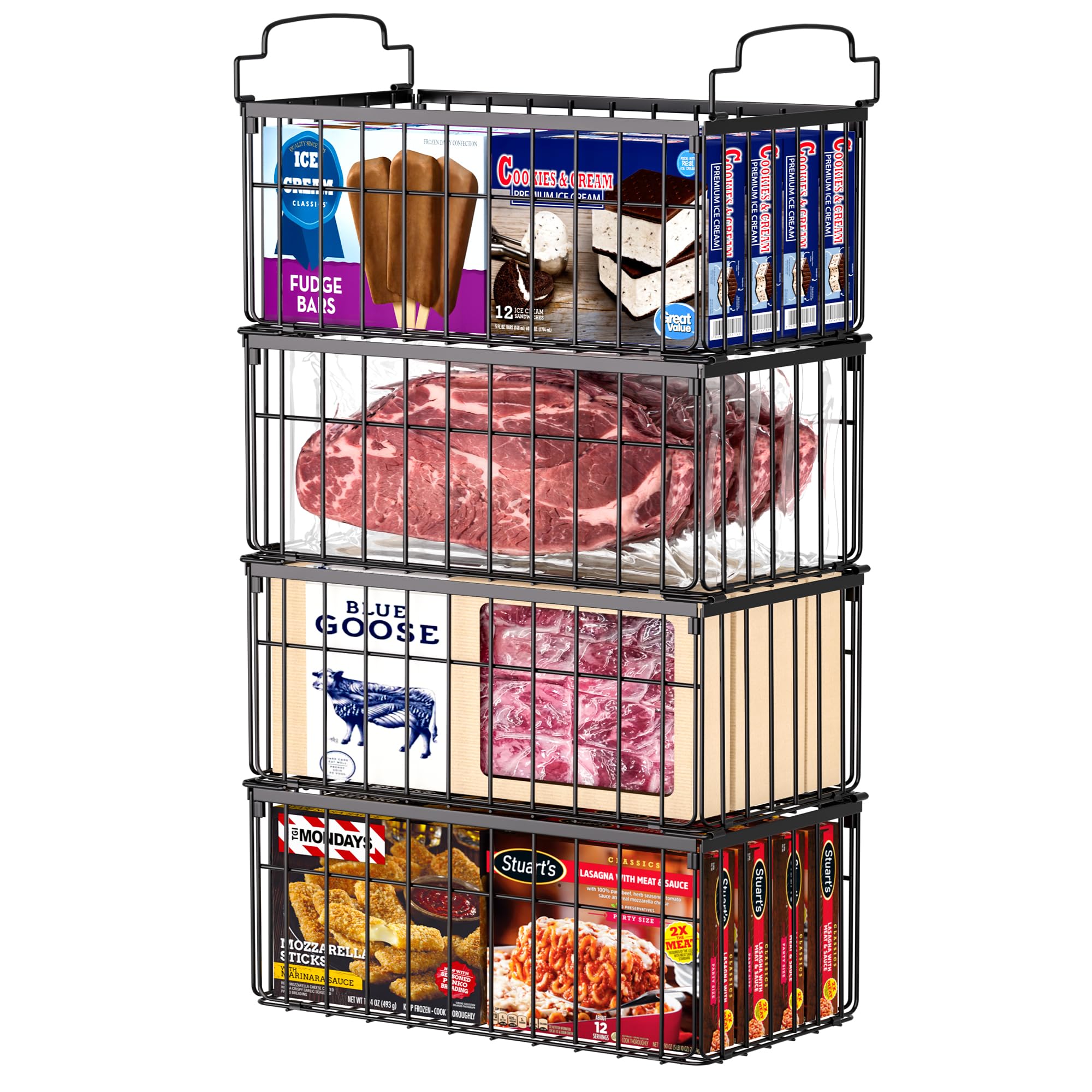 MSERCUOR front view of four metal freezer baskets showing neat organization benefit