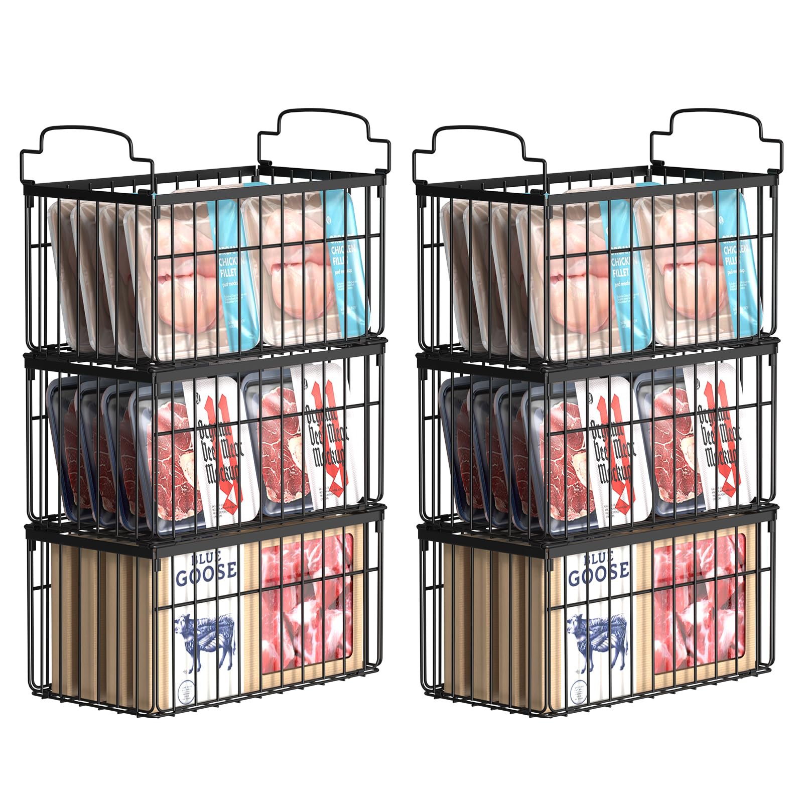 MSERCUOR front view of six metal freezer baskets showing organized storage benefit