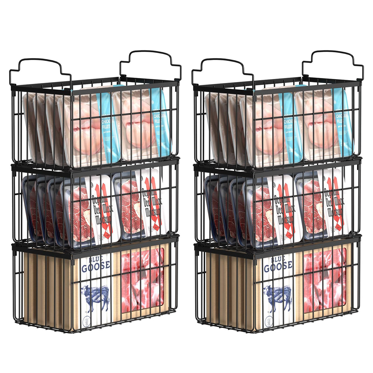 MSERCUOR front view of six metal freezer baskets showing organized storage benefit