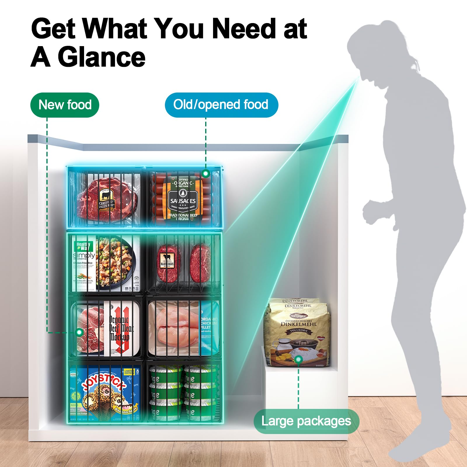 MSERCUOR stacked baskets in freezer demonstrating space‑efficient arrangement