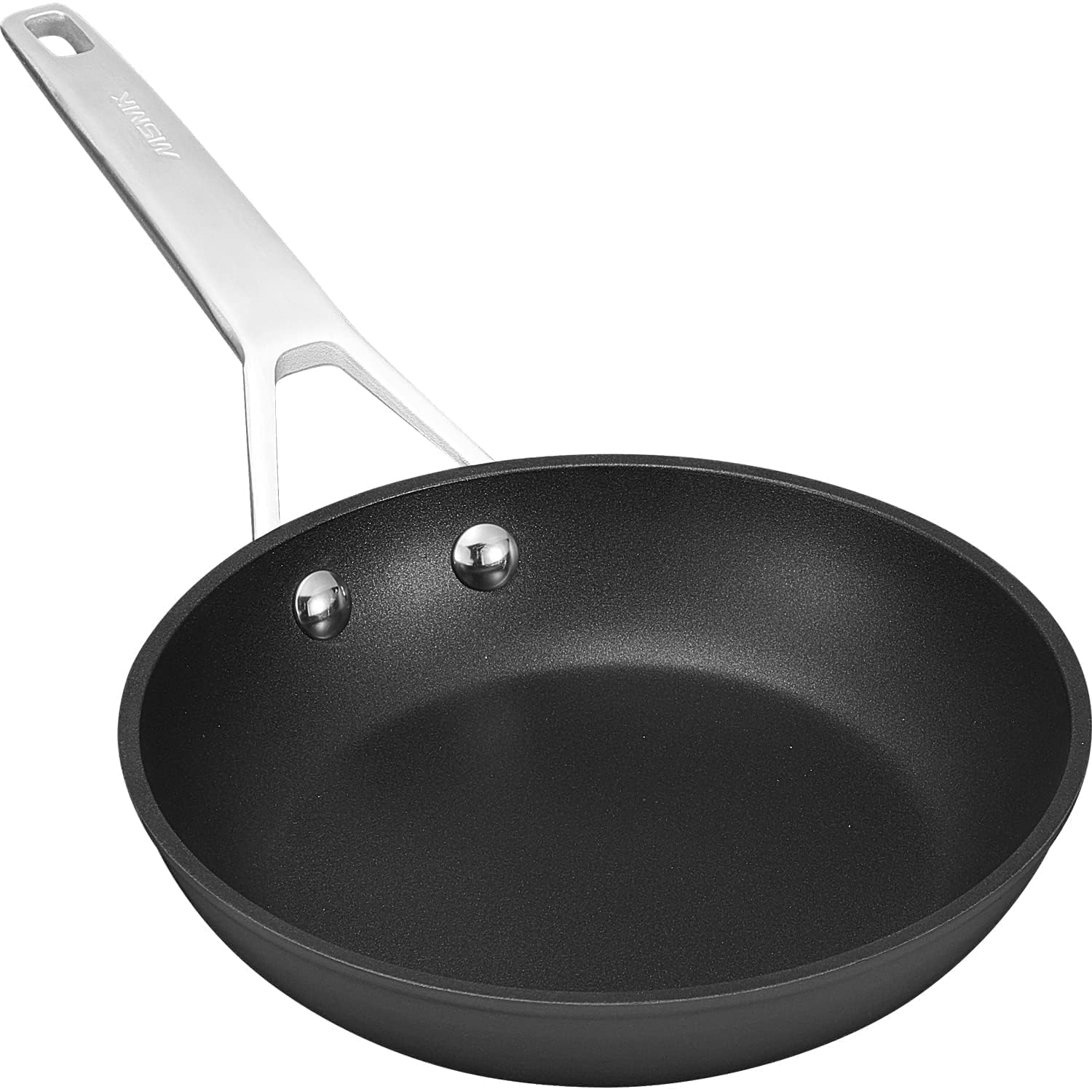 MsMk front view of 7-inch grey omelet skillet showing compact design and benefit of space-saving