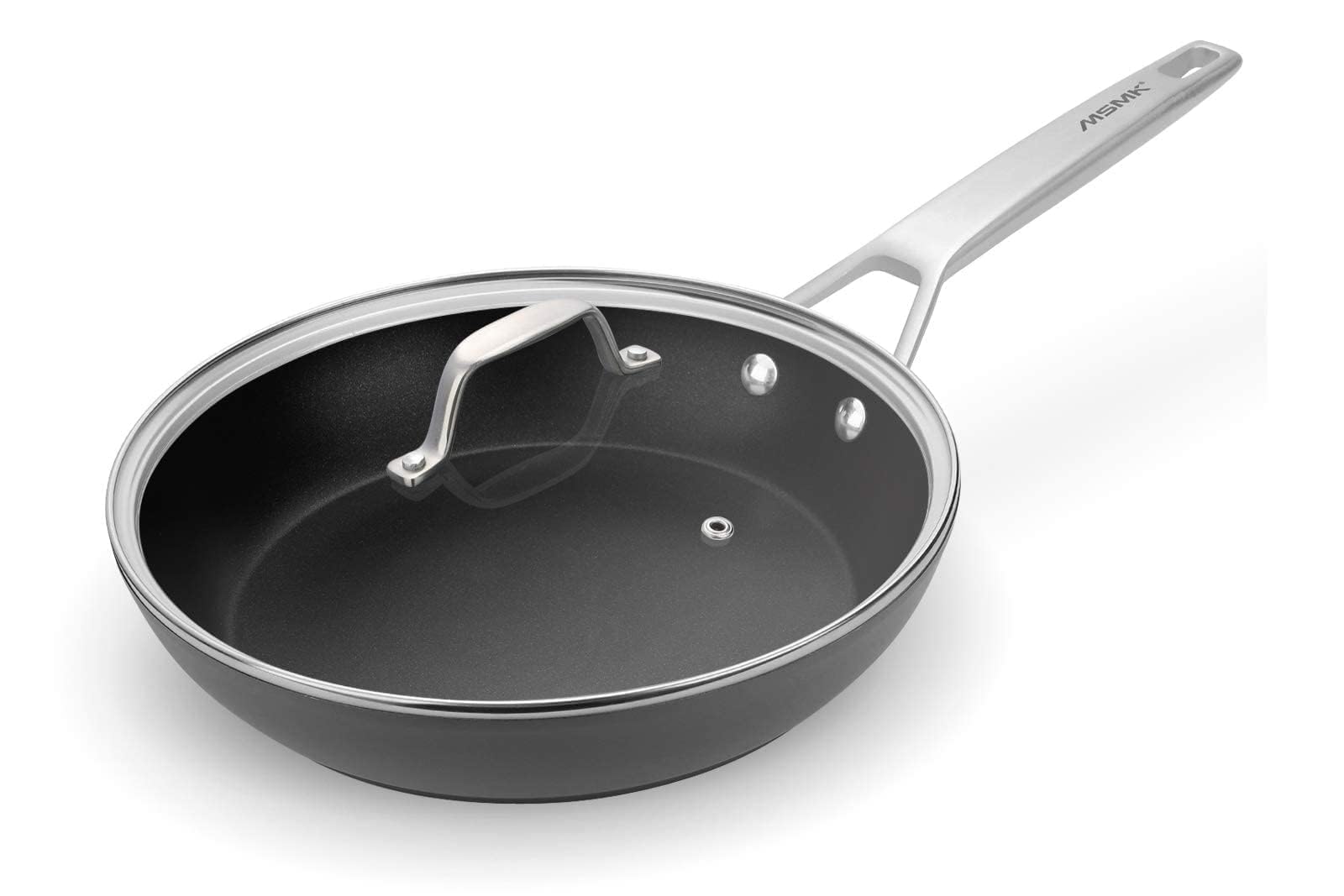 MsMk front view of 10-inch grey frying pan with lid showing sleek profile and convenience