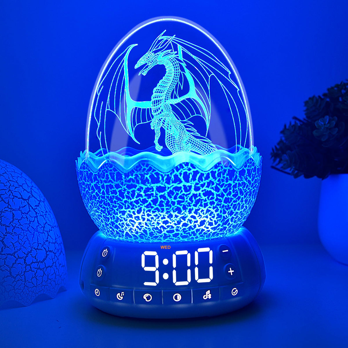 MTDYHY dragon egg front view showing clock display and soft glow benefit bedside visibility