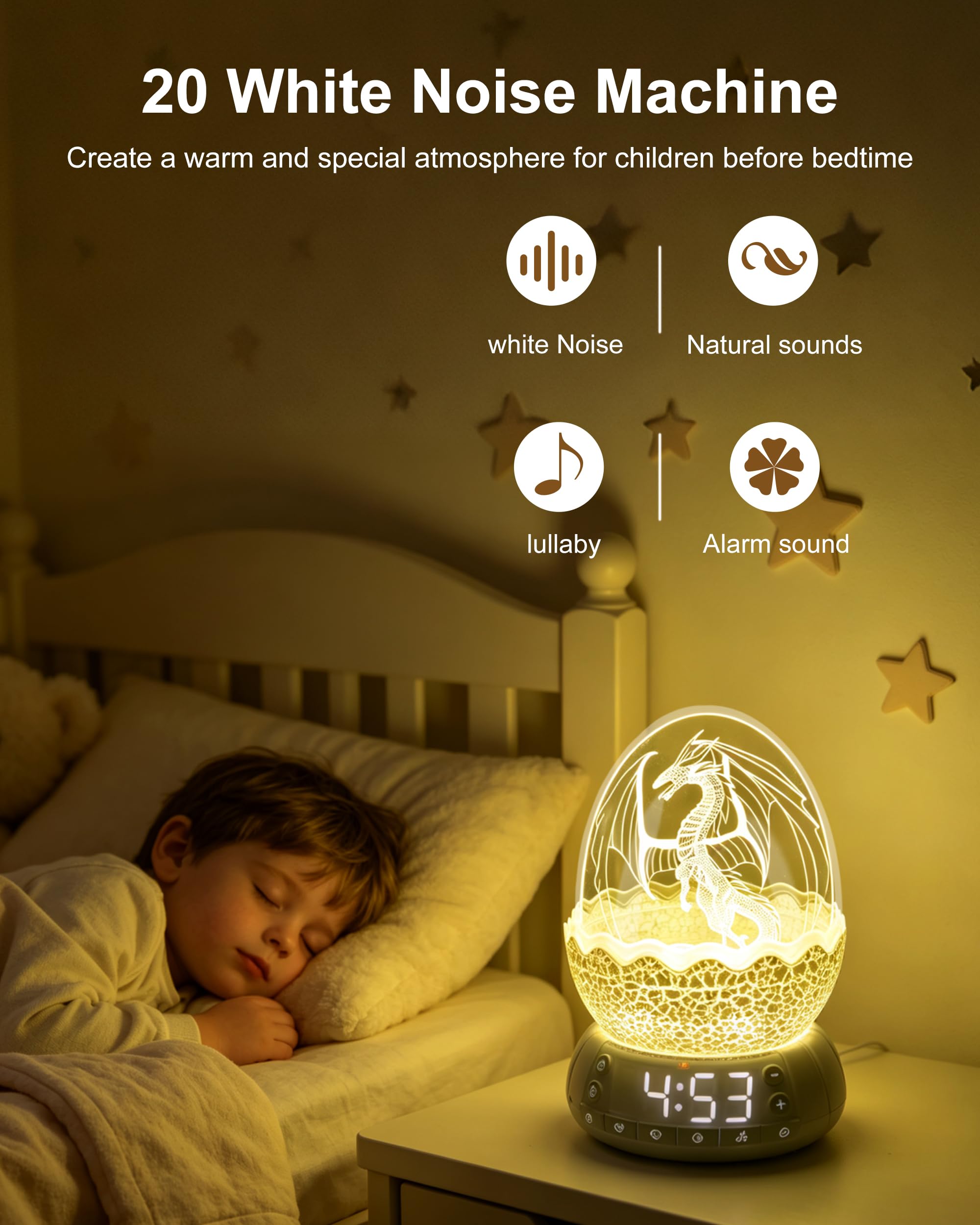 MTDYHY dragon egg lit in dark bedroom illustrating gentle sunrise simulation benefit for waking