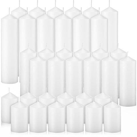 MTLEE front pack display of 36 white pillar candles showing value and variety