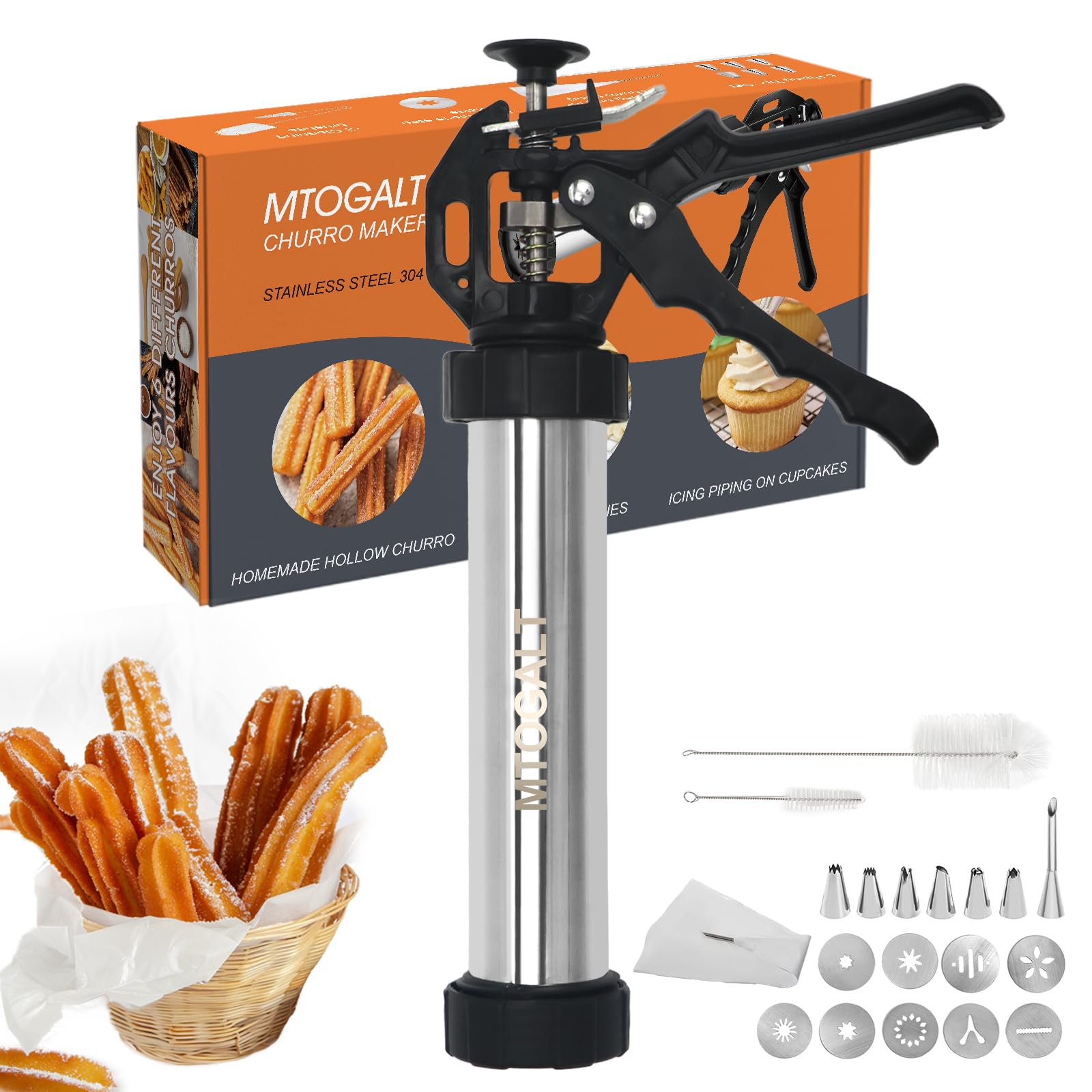 MTOGALT front view of cookie press showing stainless steel build and reliable extrusion