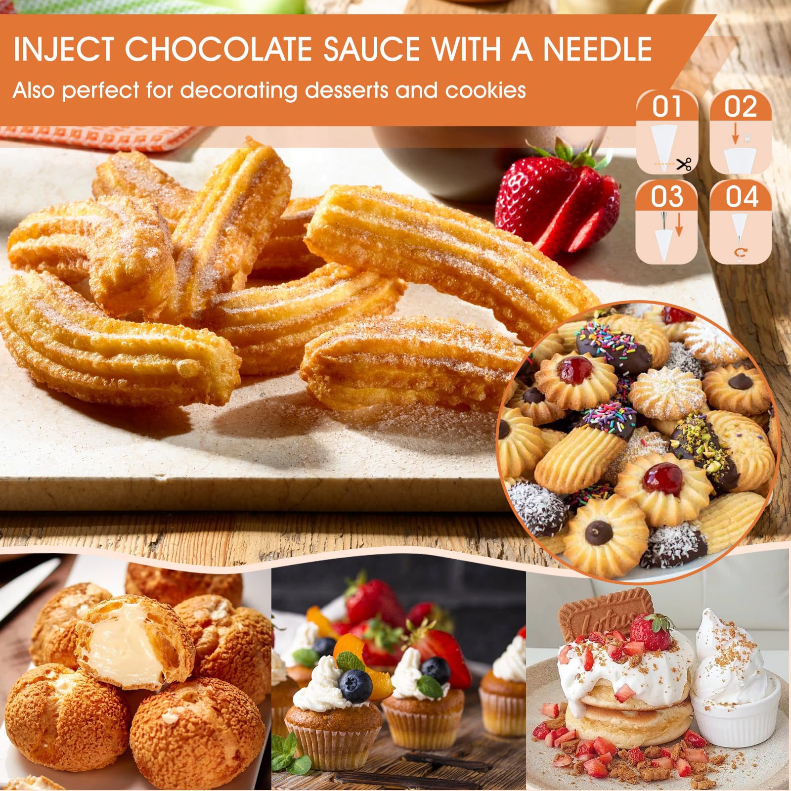 MTOGALT assortment of nozzles and discs displayed for multiple cookie and churro shapes