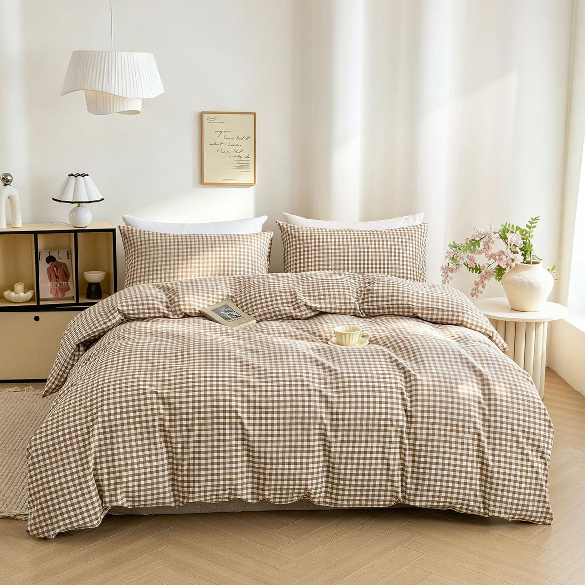 Mucalis front view of tan gingham duvet cover showing plaid pattern and neat finish