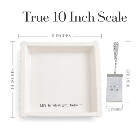 Mud Pie pan beside measuring spoons and spatula showing 10-inch scale for portion planning benefit