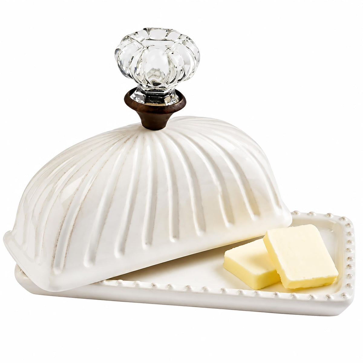 Mud Pie front view showing elegant ceramic butter dish and vintage glass knob benefit: elevated tabletop style