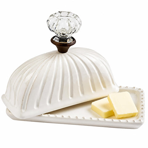 Mud Pie front view showing elegant ceramic butter dish and vintage glass knob benefit: elevated tabletop style