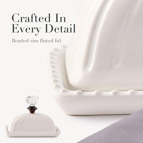 Mud Pie butter dish on breakfast table adding charm and keeping butter covered during meals
