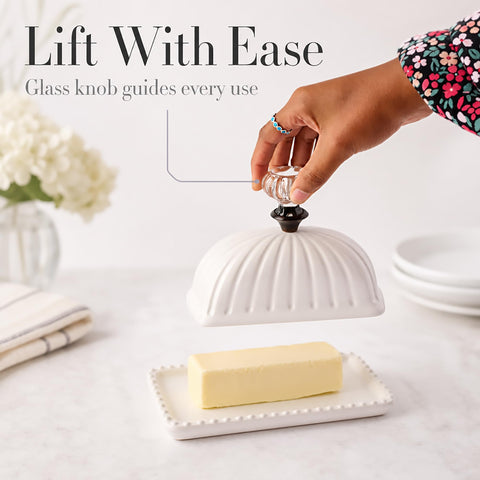 Mud Pie open dish with butter inside demonstrating easy access and serving convenience