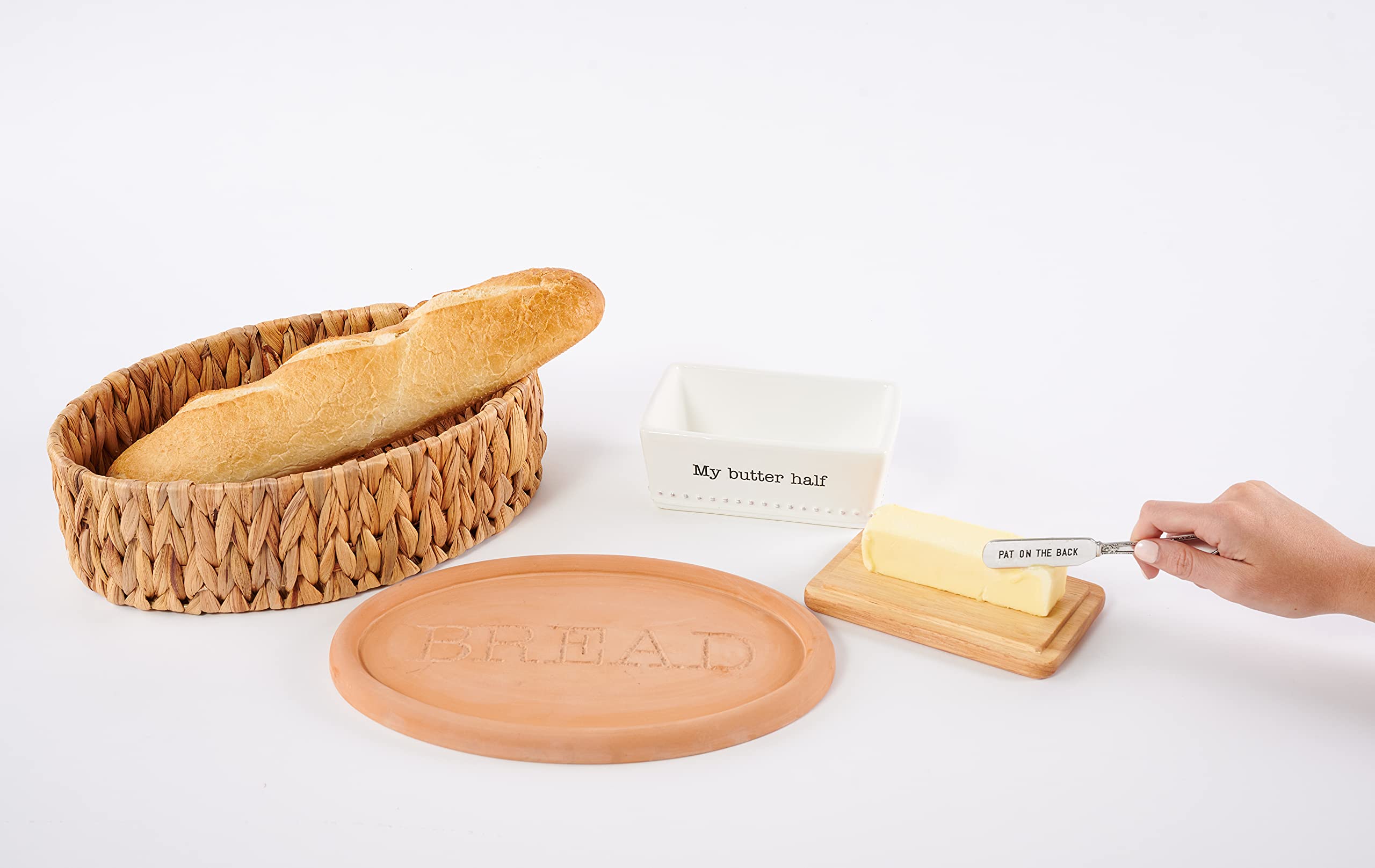 Mud Pie set beside a dinner plate showing compact 8.5x12.5 size
