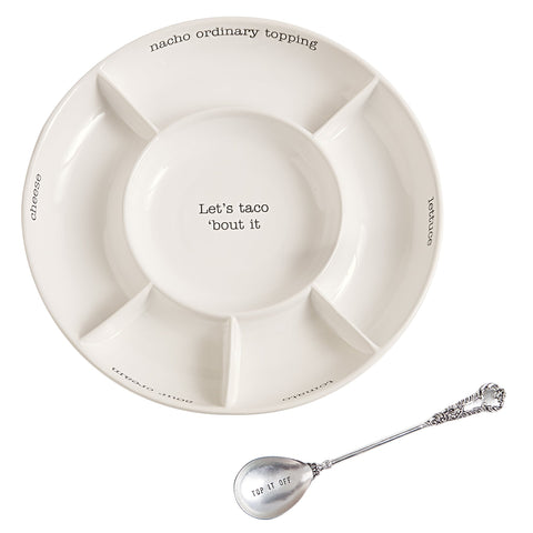 Mud Pie ceramic taco platter front view shows organized serving benefits