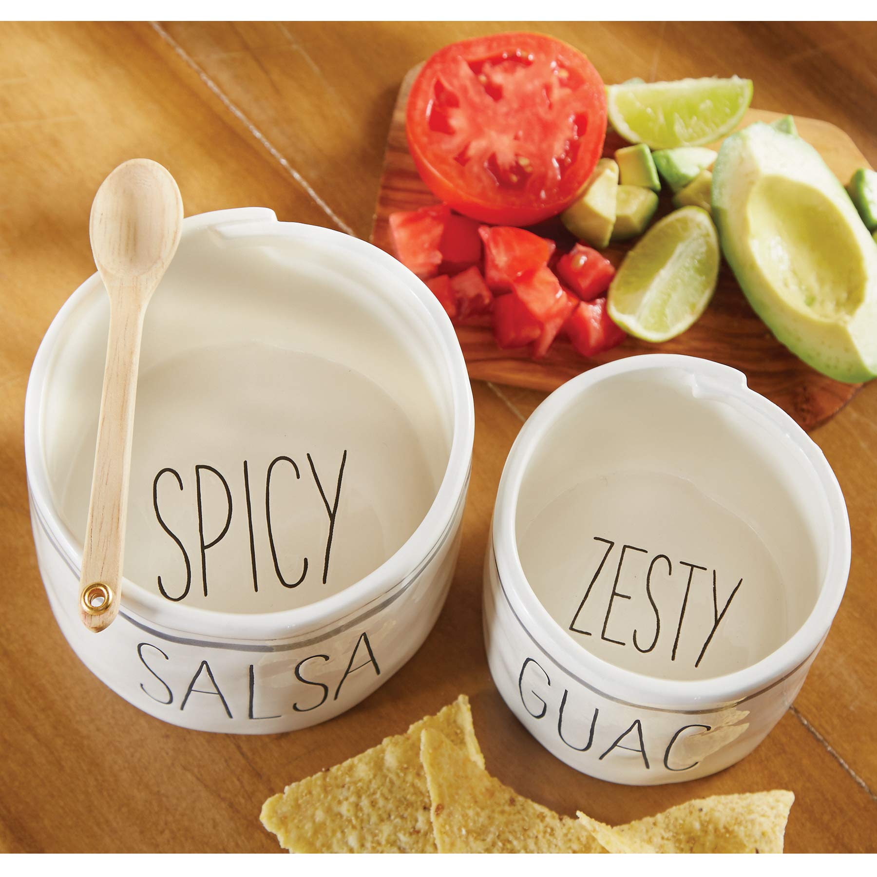 Mud Pie wooden spoon detail beside bowls showing serving convenience