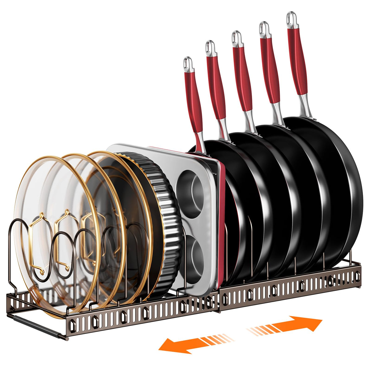 MUDEELA front view bronze rack showing organized lids and pans benefit tidy storage
