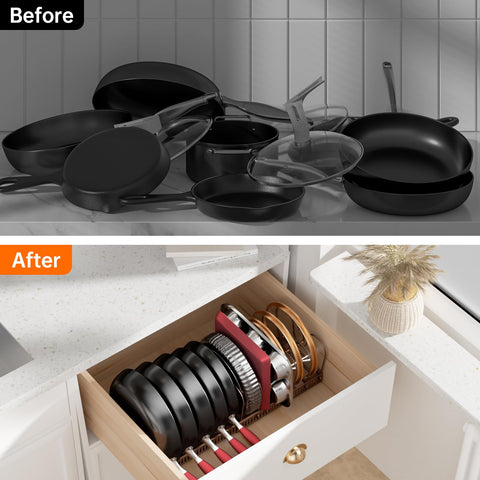 MUDEELA holding assorted lids and pans showing stability benefit